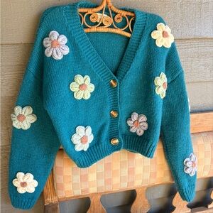 Debut Teal Cardigan with Floral Accents by Anthropologie